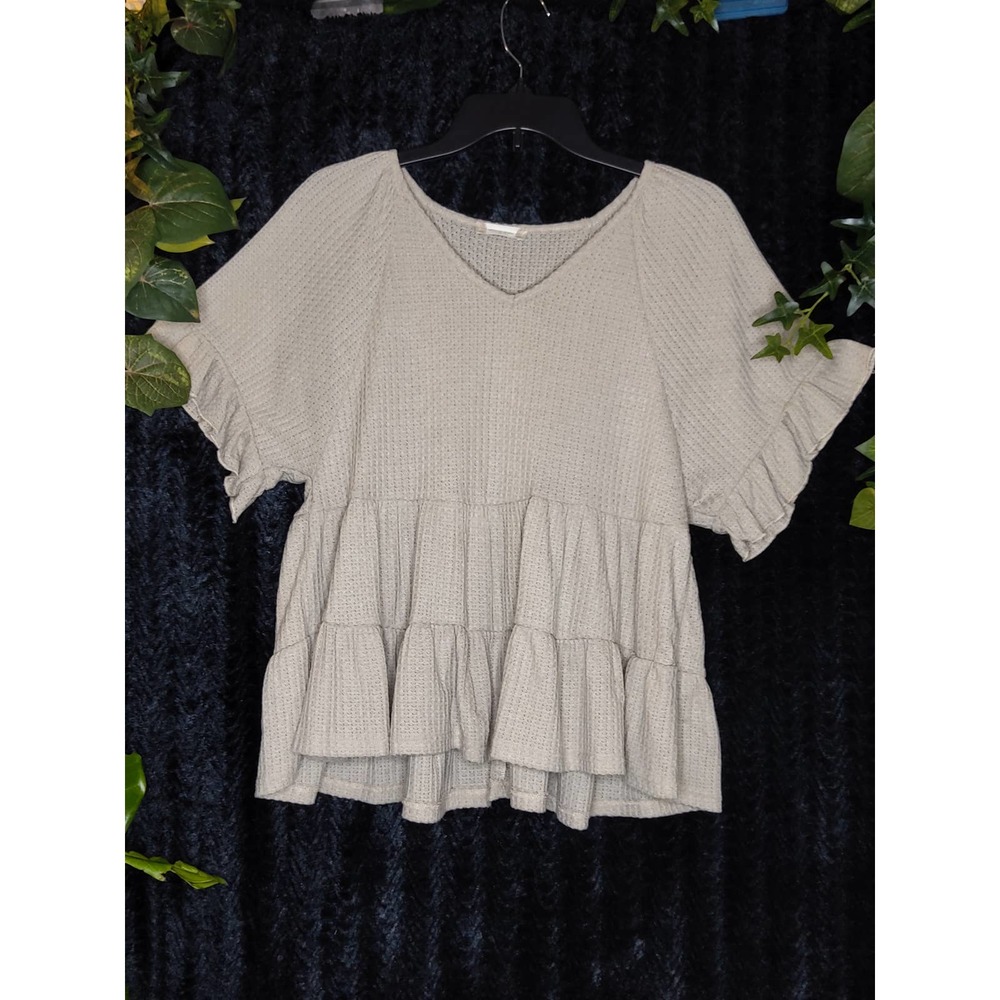 Women's Altar'd State Blouse Waffle Knit Beige Ruffle V Neck Size Small